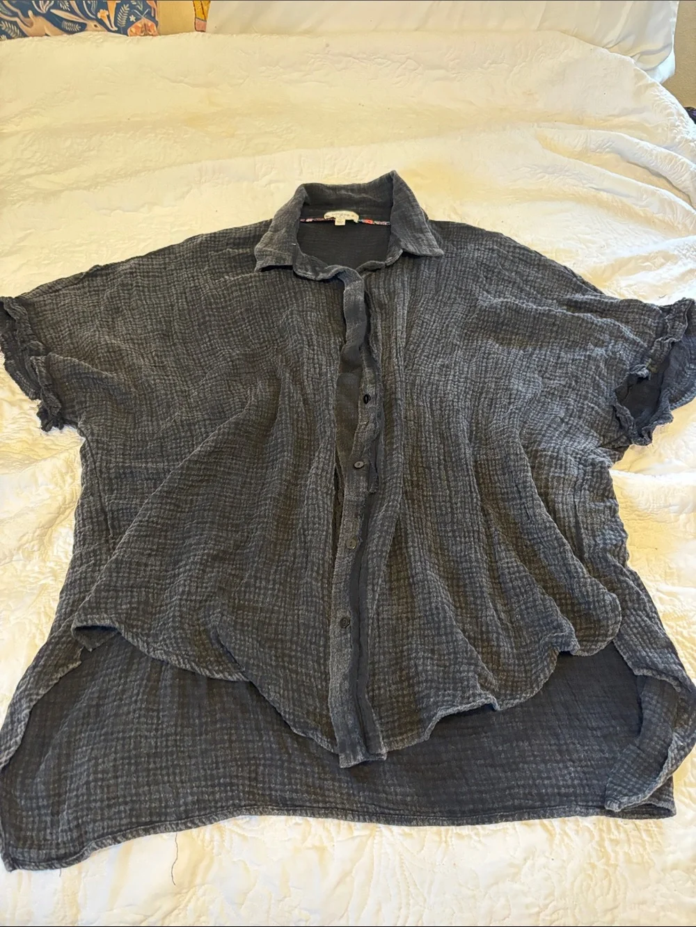 Washed Charcoal linen Crinkled Button-Up Shirt - Picture 1 of 1